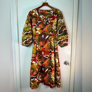 Natori Ikebana 3/4 sleeve fall colors floral midi dress. Brown, mustard, green 4